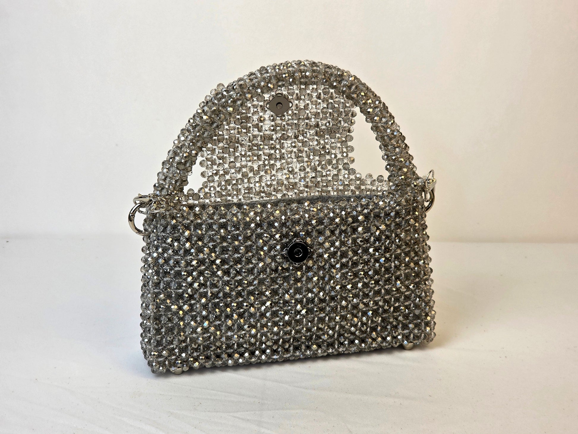Grande Glass Bead Woven Handbag - Metallic Silver | Handmade by Lena Handicrafts