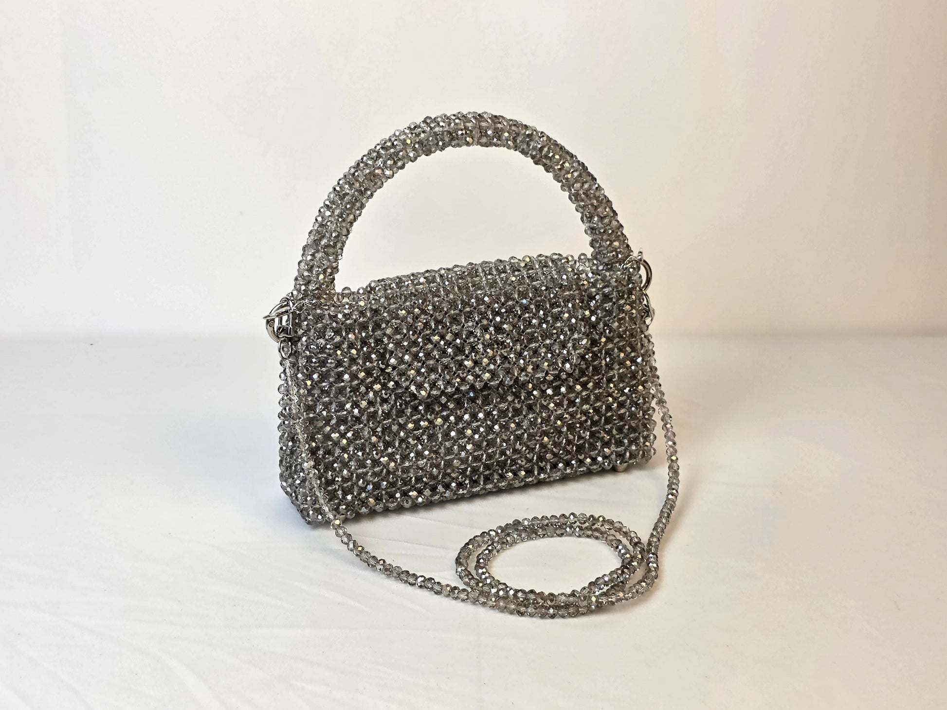 Grande Glass Bead Woven Handbag - Metallic Silver | Handmade by Lena Handicrafts