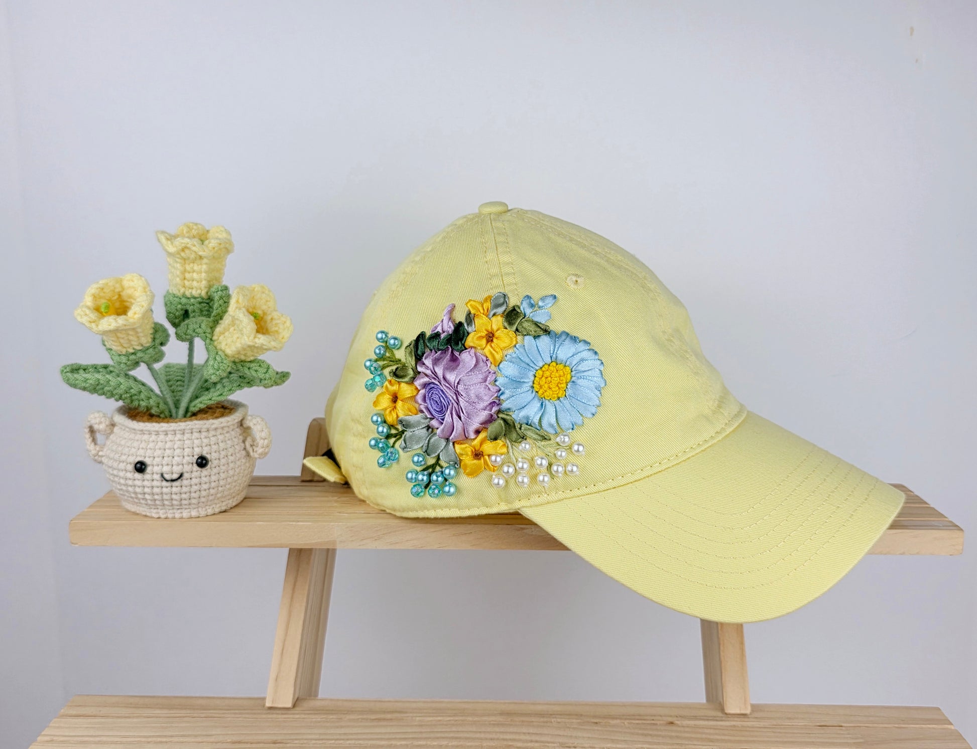 Ribbon-Embroidery Hat - Pastel Bloom Bouquet | Handmade by Lena Handicrafts