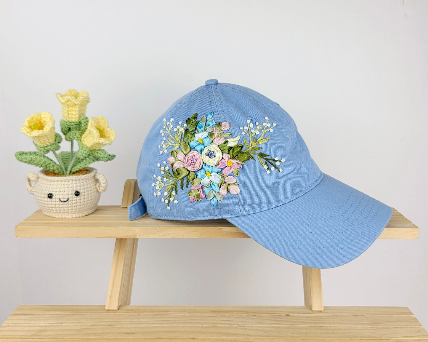 Ribbon-Embroidery Hat - Periwinkle Bloom Bouquet | Handmade by Lena Handicrafts