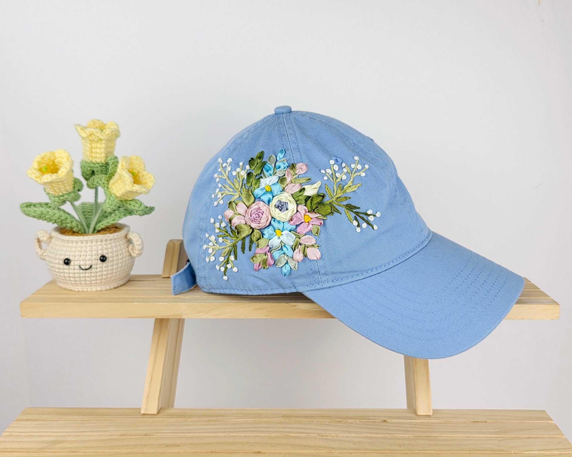 Ribbon-Embroidery Hat - Periwinkle Bloom Bouquet | Handmade by Lena Handicrafts