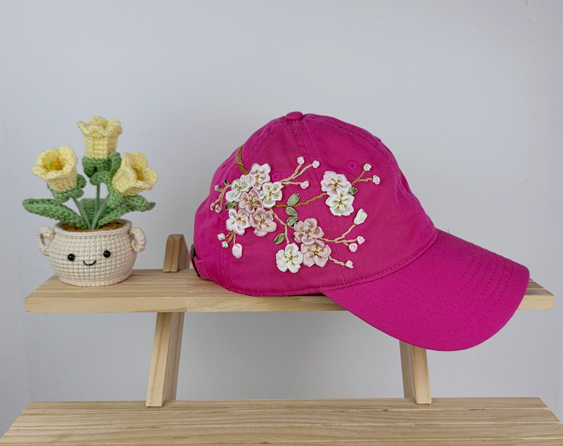 Ribbon-Embroidery Hat - Magenta Cherry Blossom Spray | Handmade by Lena Handicrafts