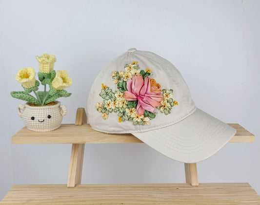 Ribbon-Embroidery Hat - Blush Rose Garland | Handmade by Lena Handicrafts