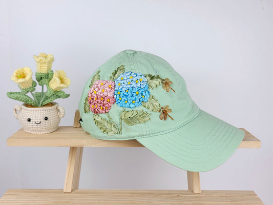 Ribbon-Embroidery Hat - Hydrangea Dragonfly Bloom | Handmade by Lena Handicrafts