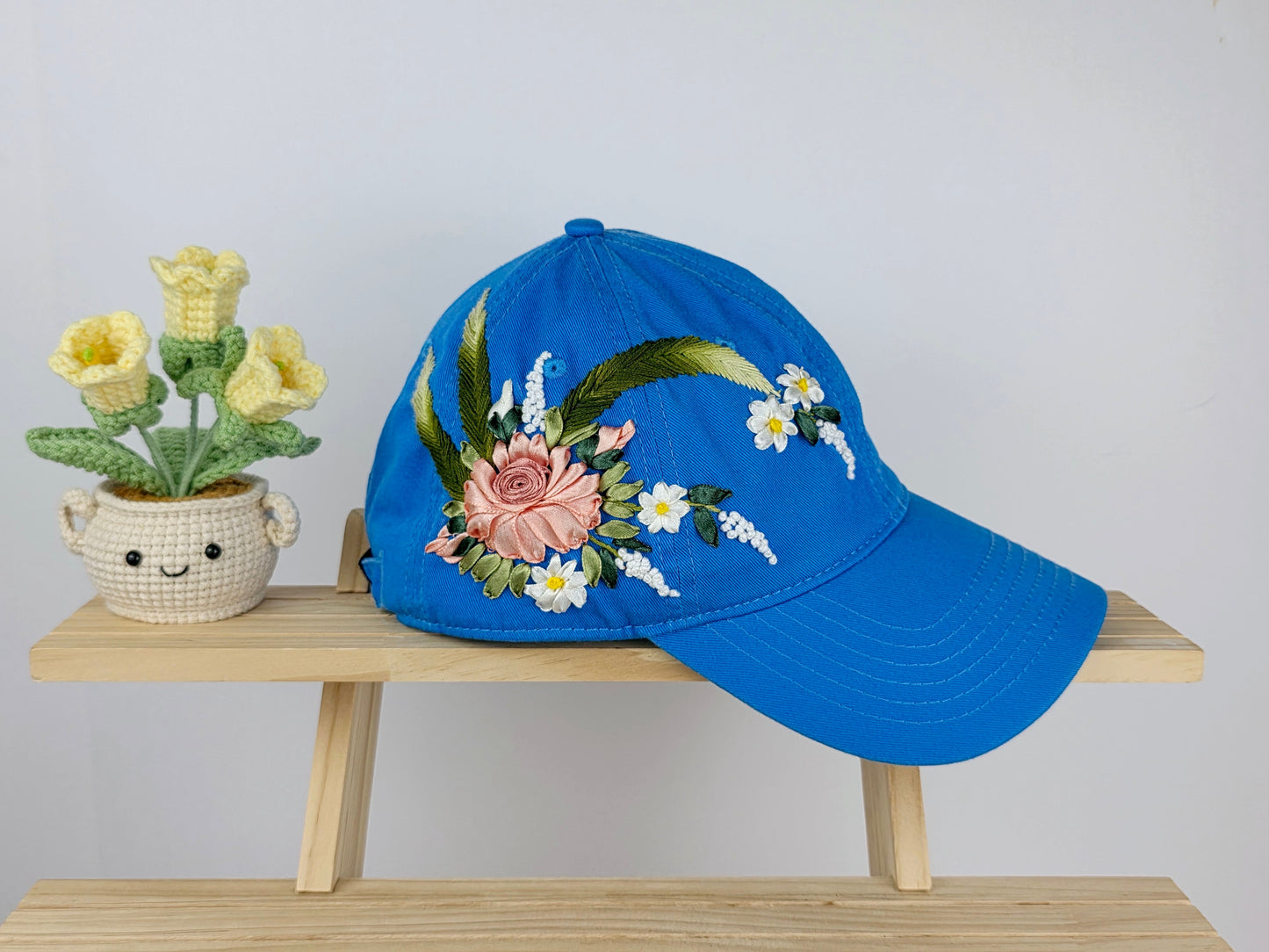 Ribbon-Embroidery Hat - Azure Peony Garland | Handmade by Lena Handicrafts