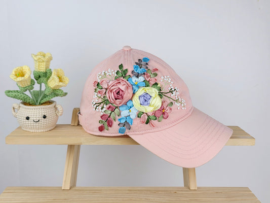 Ribbon-Embroidery Hat - Blush Ranunculus Bouquet | Handmade by Lena Handicrafts