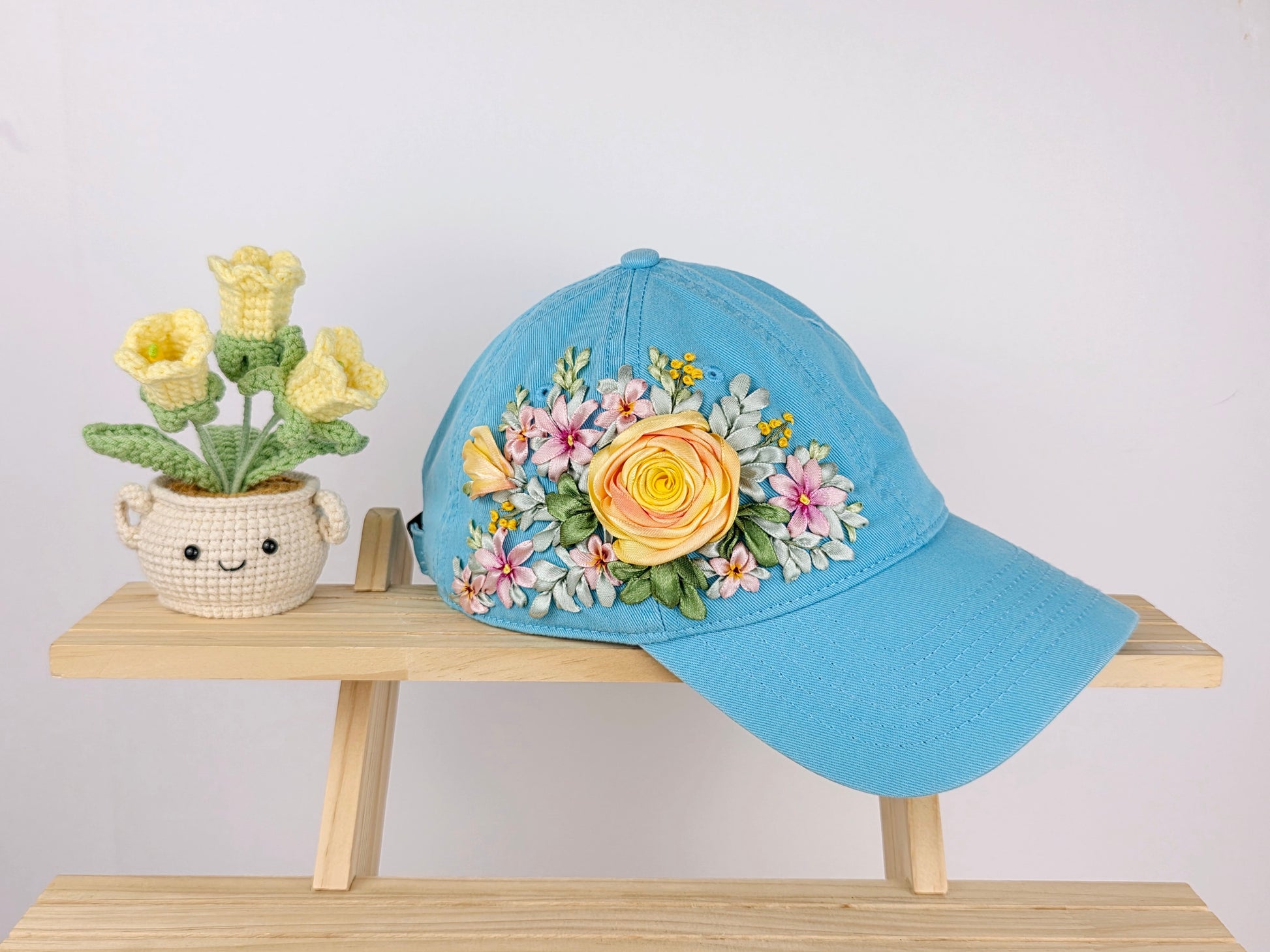 Ribbon-Embroidery Hat - Golden Rose Bouquet | Handmade by Lena Handicrafts
