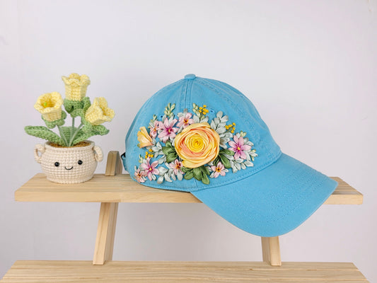 Ribbon-Embroidery Hat - Golden Rose Bouquet | Handmade by Lena Handicrafts