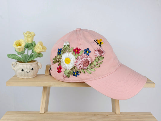 Ribbon-Embroidery Hat - Blush Rose Meadow | Handmade by Lena Handicrafts