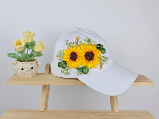 Ribbon-Embroidery Hat - Golden Sunflower Duo | Handmade by Lena Handicrafts