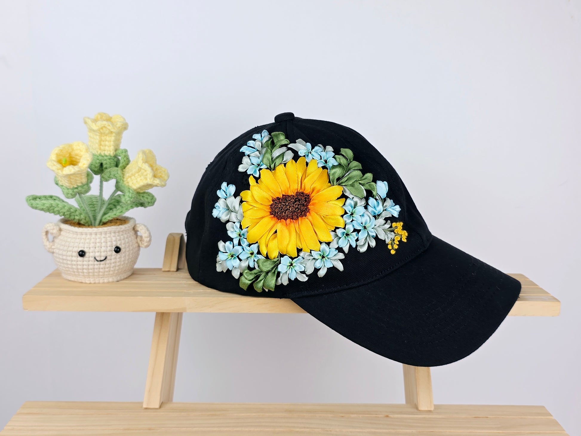 Ribbon-Embroidery Hat - Sunflower Forget-Me-Not Wreath | Handmade by Lena Handicrafts