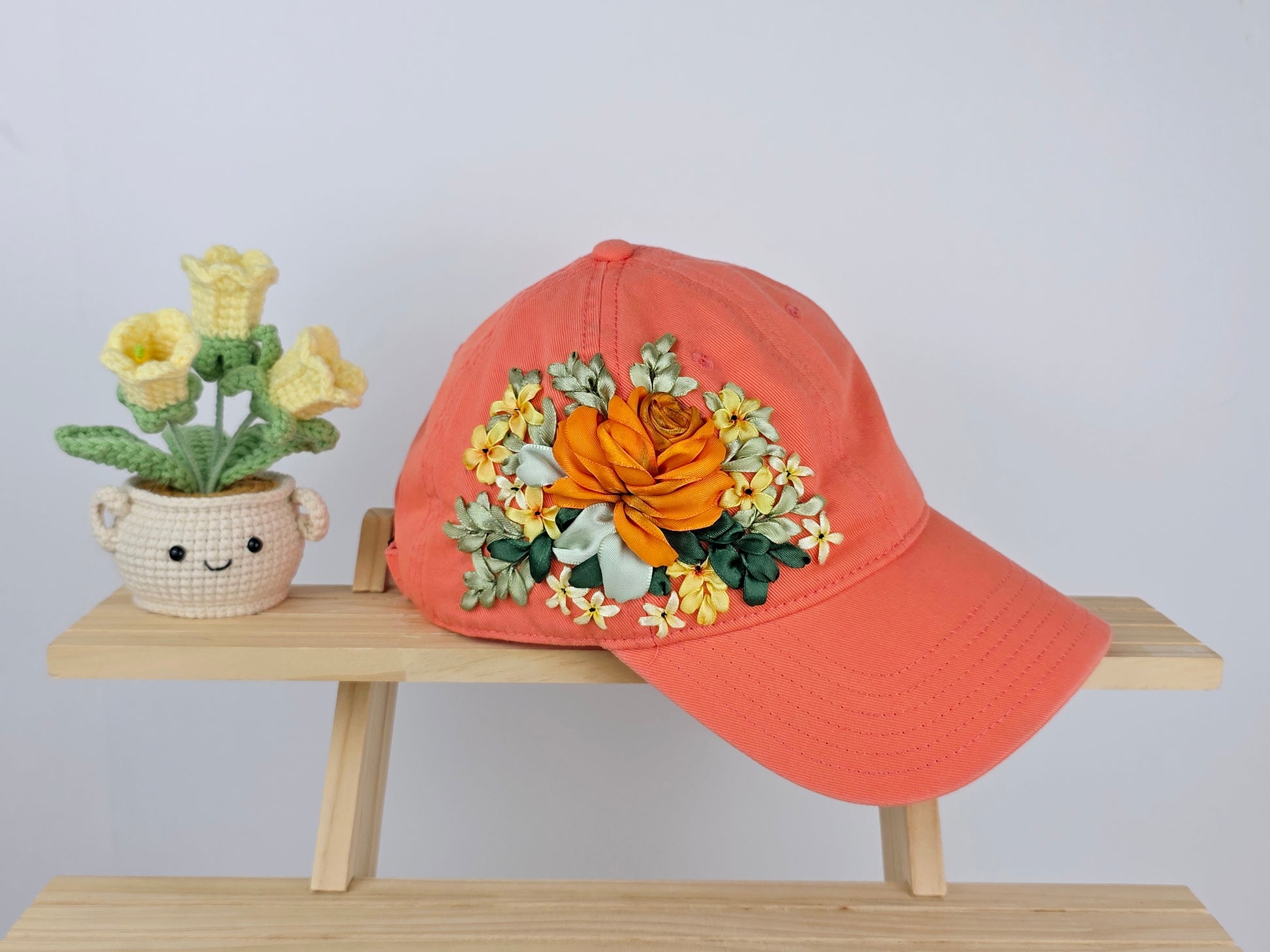 Ribbon-Embroidery Hat - Amber Rose Bouquet | Handmade by Lena Handicrafts