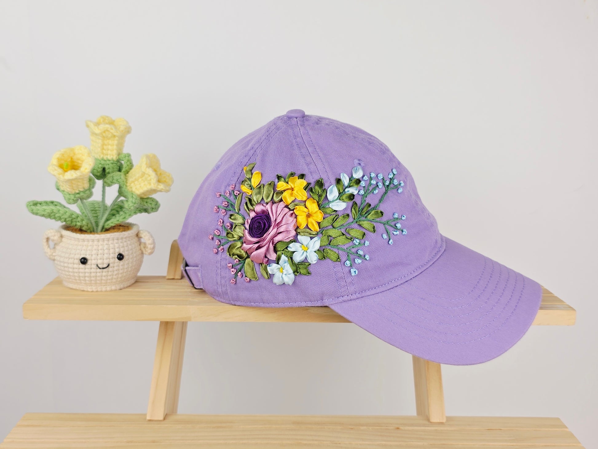 Ribbon-Embroidery Hat - Lavender Peony Bouquet | Handmade by Lena Handicrafts