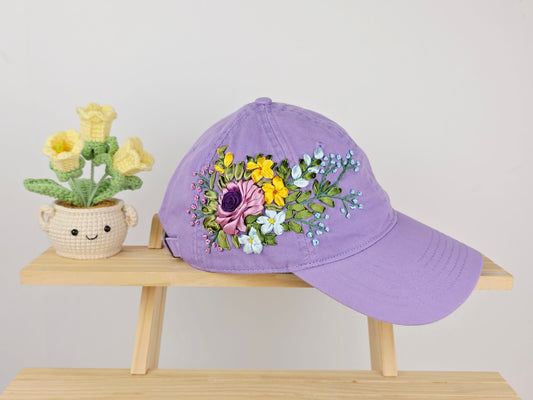 Ribbon-Embroidery Hat - Lavender Peony Bouquet | Handmade by Lena Handicrafts