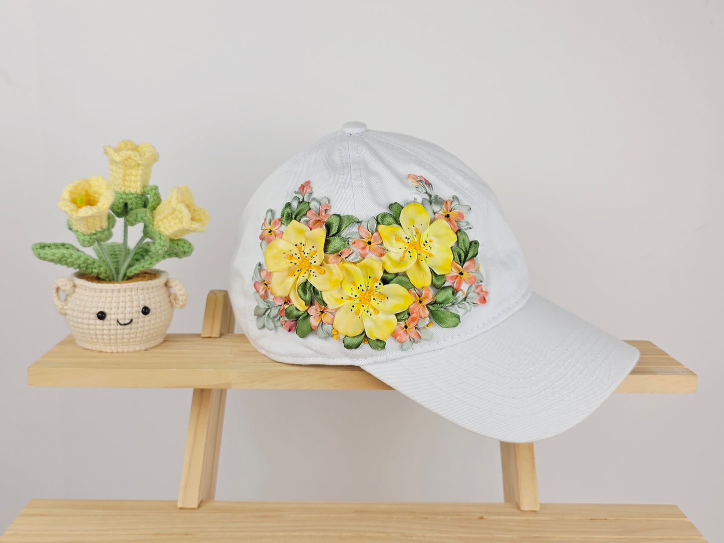 Ribbon-Embroidery Hat - Golden Alstroemeria Wreath | Handmade by Lena Handicrafts