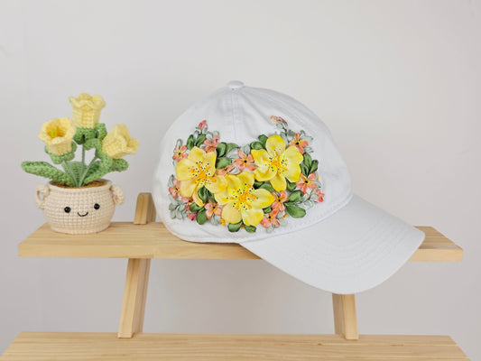 Ribbon-Embroidery Hat - Golden Alstroemeria Wreath | Handmade by Lena Handicrafts