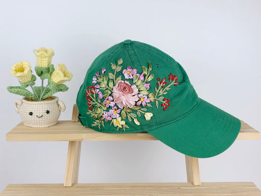 Ribbon-Embroidery Hat - Blush Rose Garden Bouquet | Handmade by Lena Handicrafts