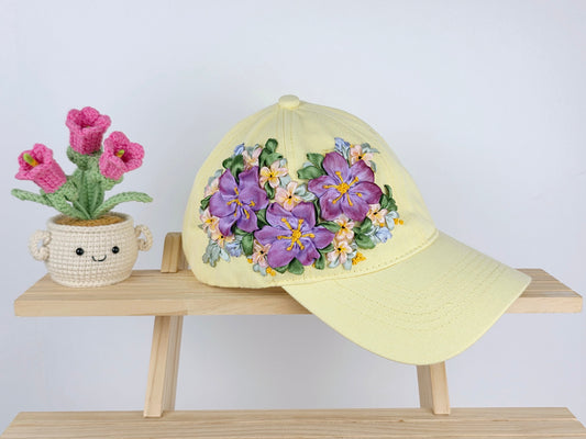Ribbon-Embroidery Hat - Violet Pansy Bouquet | Handmade by Lena Handicrafts