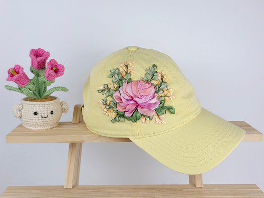Ribbon-Embroidery Hat - Mauve Rose Bouquet | Handmade by Lena Handicrafts