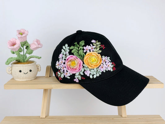 Ribbon-Embroidery Hat - Ranunculus Bloom Garland | Handmade by Lena Handicrafts