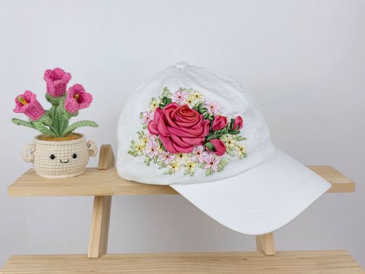 Ribbon-Embroidery Hat - Crimson Rose Bouquet | Handmade by Lena Handicrafts
