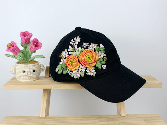 Ribbon-Embroidery Hat - Amber Ranunculus Bouquet | Handmade by Lena Handicrafts