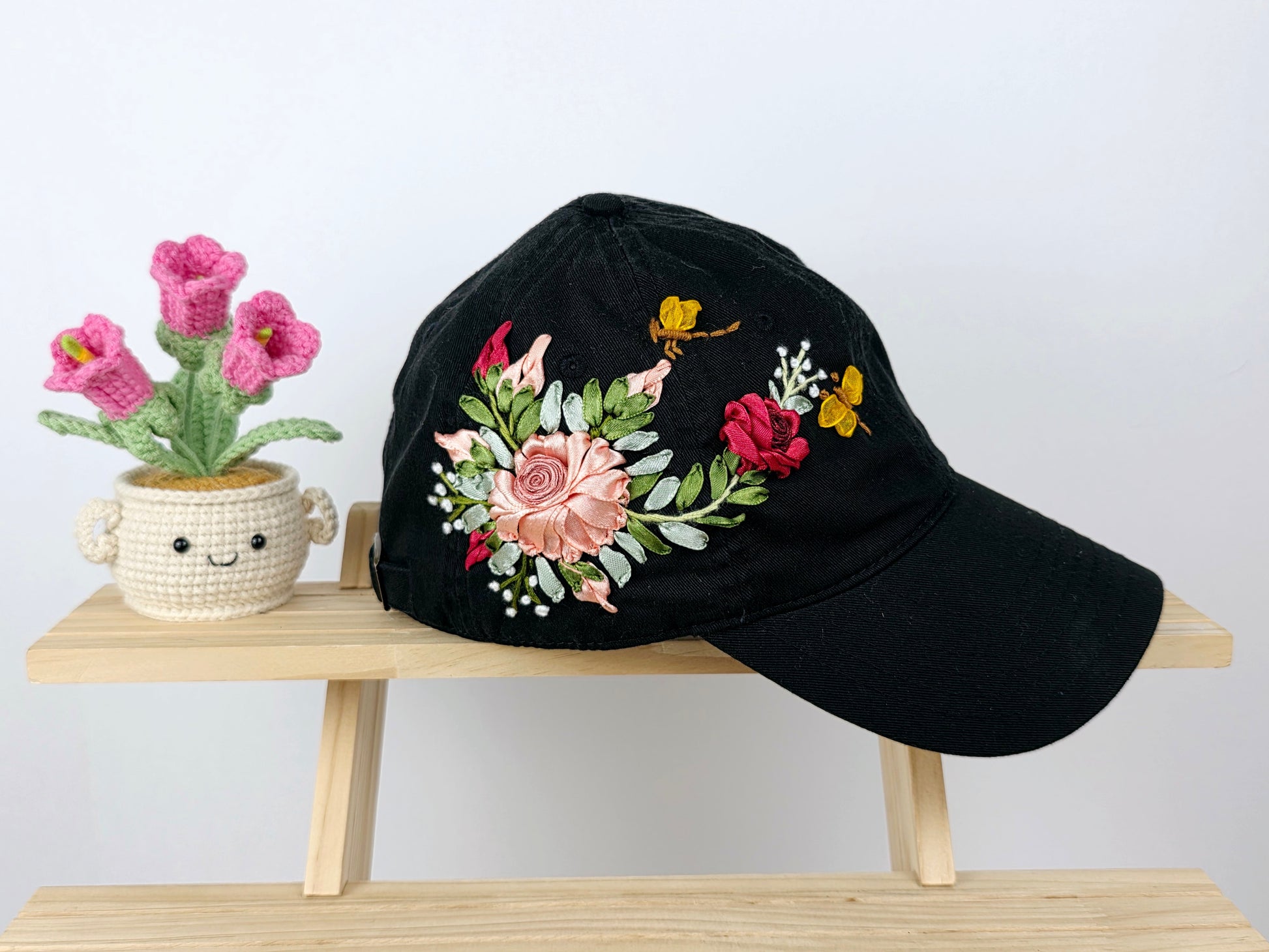 Ribbon-Embroidery Hat - Blush Rose Garland | Handmade by Lena Handicrafts