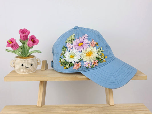 Ribbon-Embroidery Hat - Pastel Daisy Bouquet | Handmade by Lena Handicrafts