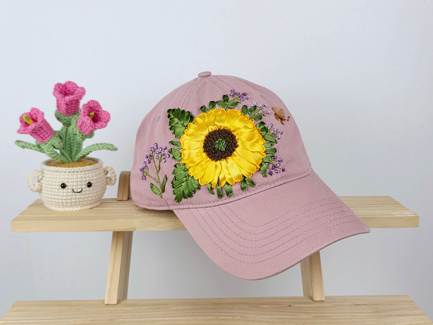 Ribbon-Embroidery Hat - Dusty Rose Sunflower Bloom | Handmade by Lena Handicrafts