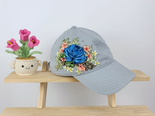 Ribbon-Embroidery Hat - Cobalt Rose Garden | Handmade by Lena Handicrafts