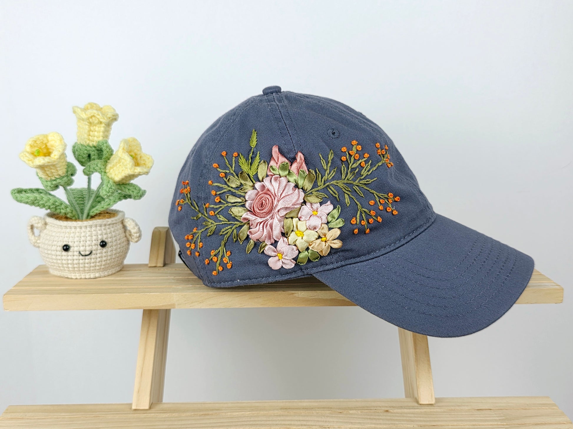 Ribbon-Embroidery Hat - Blush Rose Bouquet | Handmade by Lena Handicrafts