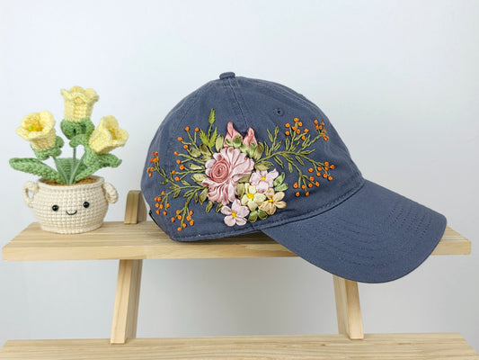 Ribbon-Embroidery Hat - Blush Rose Bouquet | Handmade by Lena Handicrafts