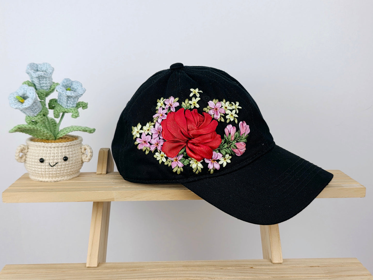 Ribbon-Embroidery Hat - Crimson Rose Wreath | Handmade by Lena Handicrafts
