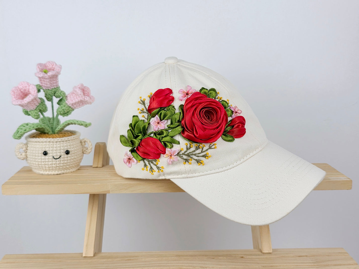 Ribbon-Embroidery Hat - Crimson Rose Wreath | Handmade by Lena Handicrafts