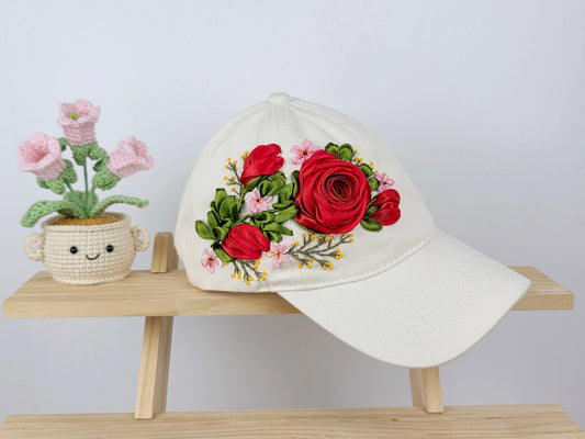 Ribbon-Embroidery Hat - Crimson Rose Wreath | Handmade by Lena Handicrafts