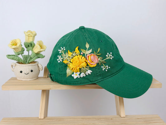 Ribbon-Embroidery Hat - Golden Bloom Bouquet | Handmade by Lena Handicrafts