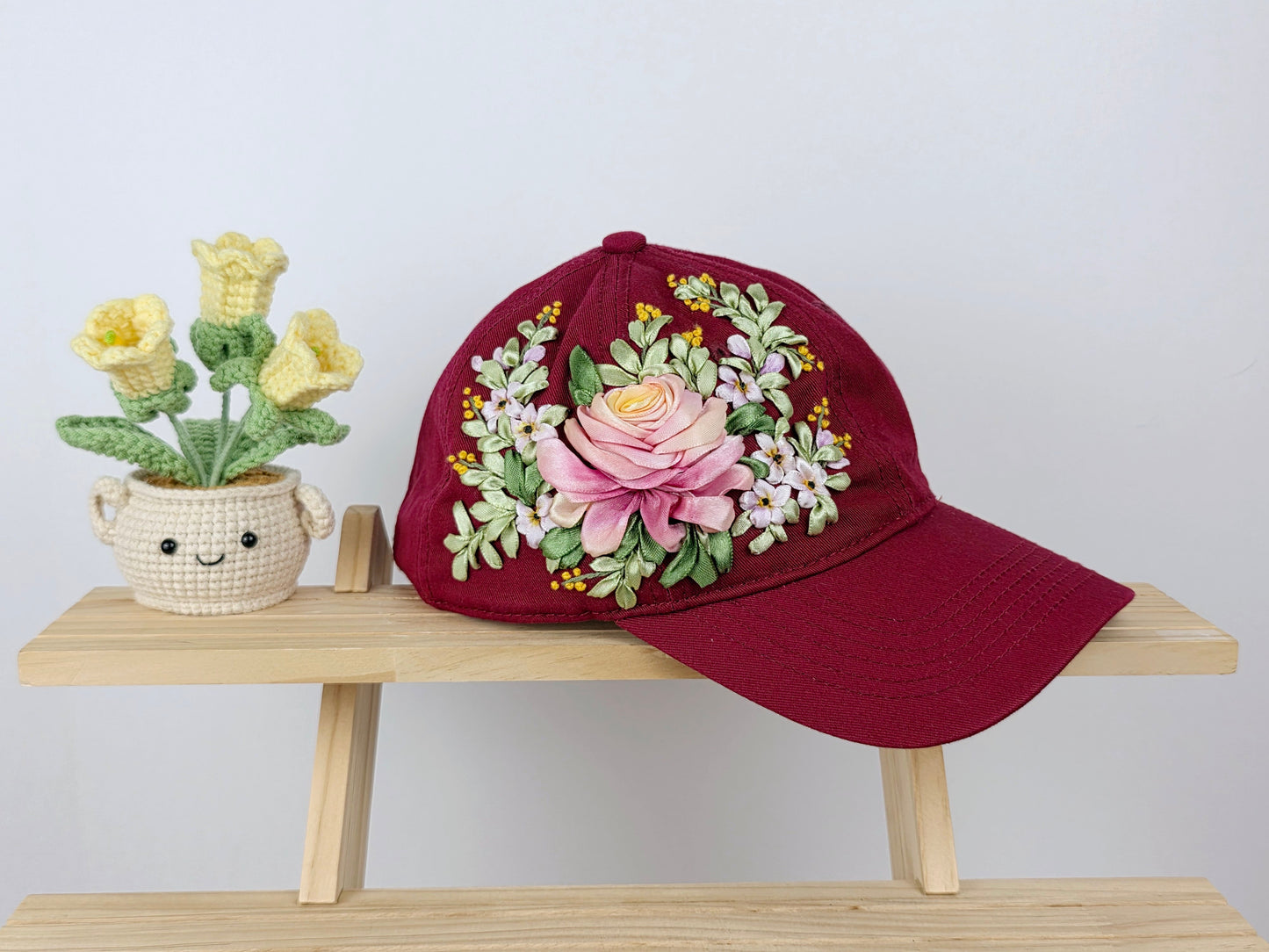 Ribbon-Embroidery Hat - Crimson Rose Garland | Handmade by Lena Handicrafts