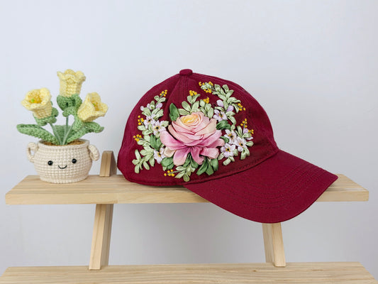Ribbon-Embroidery Hat - Crimson Rose Garland | Handmade by Lena Handicrafts