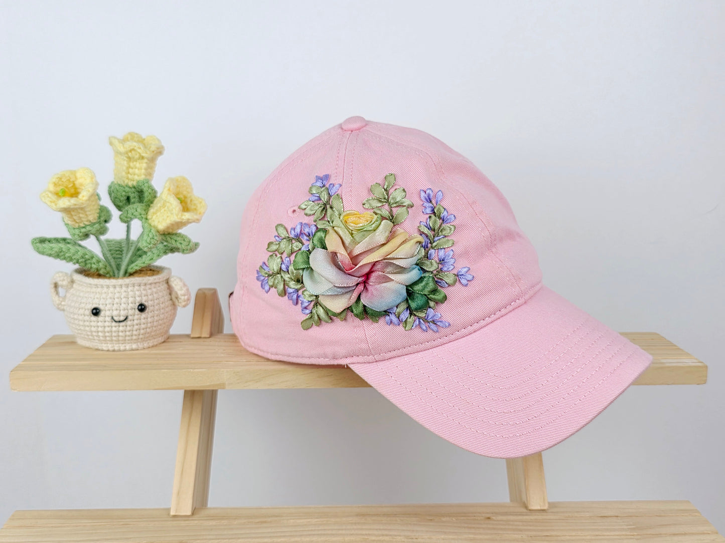 Ribbon-Embroidery Hat - Pastel Rose Garland | Handmade by Lena Handicrafts