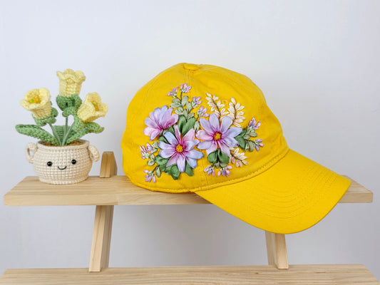 Ribbon-Embroidery Hat - Marigold Cosmos Bouquet | Handmade by Lena Handicrafts