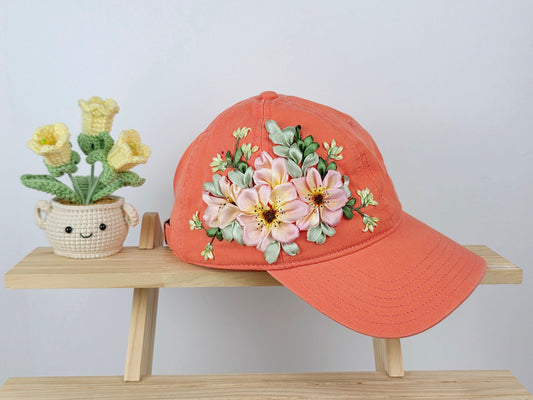Ribbon-Embroidery Hat - Coral Wild Rose Bloom | Handmade by Lena Handicrafts