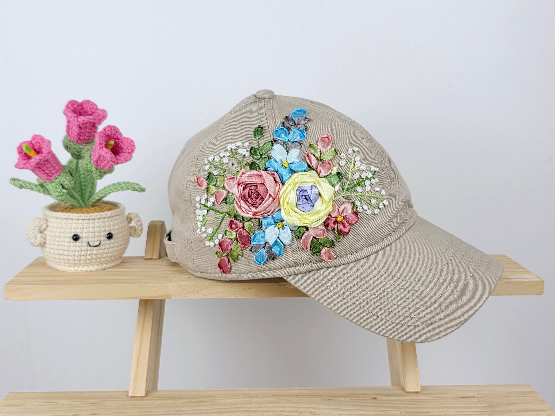 Ribbon-Embroidery Hat - Pastel Bouquet Bloom | Handmade by Lena Handicrafts