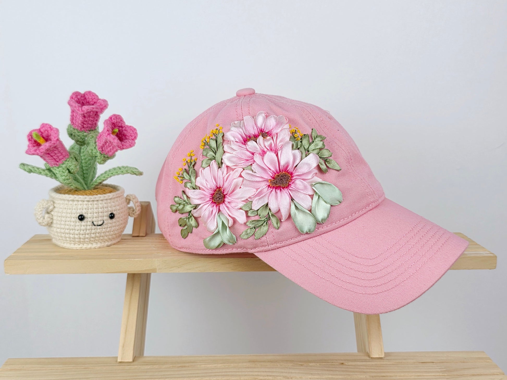 Ribbon-Embroidery Hat - Blush Daisy Bloom | Handmade by Lena Handicrafts