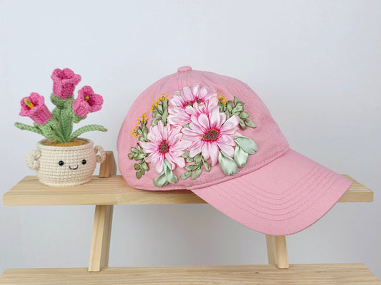 Ribbon-Embroidery Hat - Blush Daisy Bloom | Handmade by Lena Handicrafts