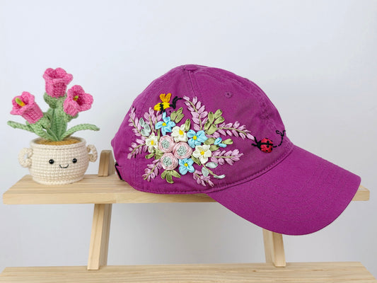 Ribbon-Embroidery Hat - Magenta Garden Bouquet | Handmade by Lena Handicrafts