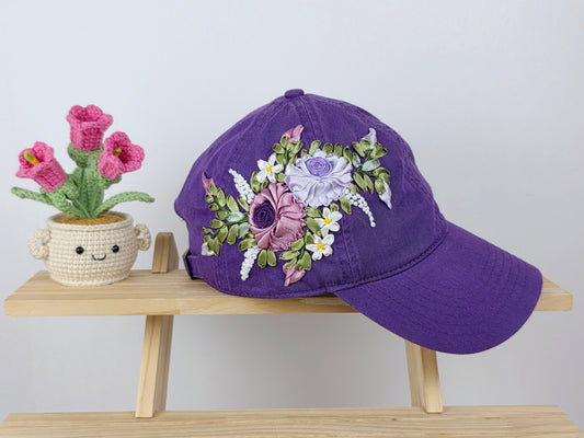 Ribbon-Embroidery Hat - Violet Bloom Bouquet | Handmade by Lena Handicrafts