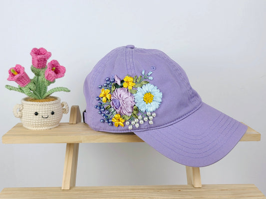 Ribbon-Embroidery Hat - Lavender Daisy Bouquet | Handmade by Lena Handicrafts