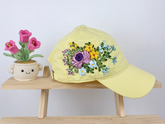 Ribbon-Embroidery Hat - Marigold Rose Medley | Handmade by Lena Handicrafts