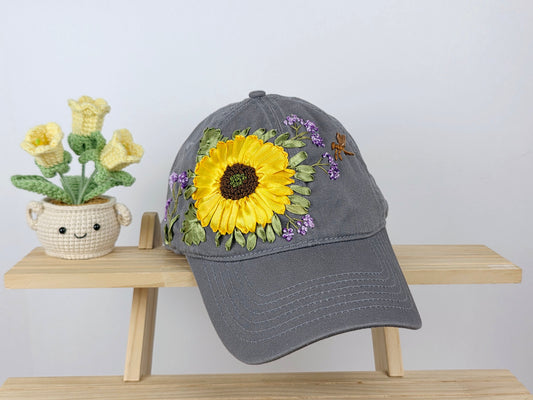 Ribbon-Embroidery Hat - Golden Sunflower Lavender Brim | Handmade by Lena Handicrafts