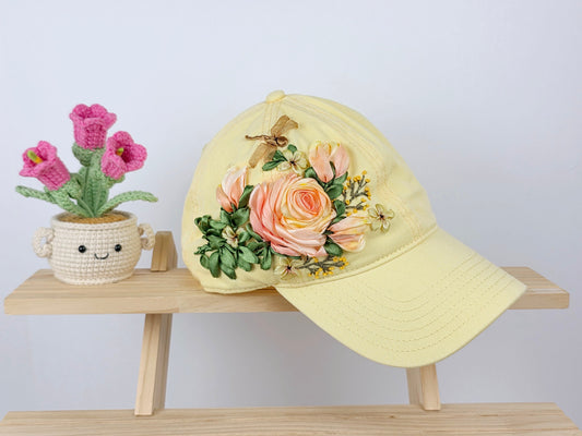Ribbon-Embroidery Hat - Peach Rose Dragonfly | Handmade by Lena Handicrafts